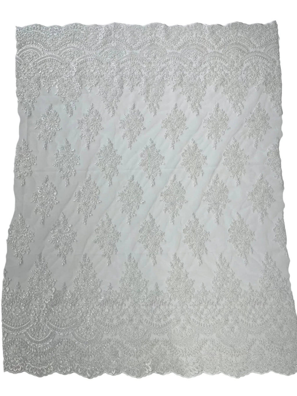 Beaded Flower Cluster Fabric - White - Embroidered Beaded Fancy Border Floral Fabric Sold By Yard