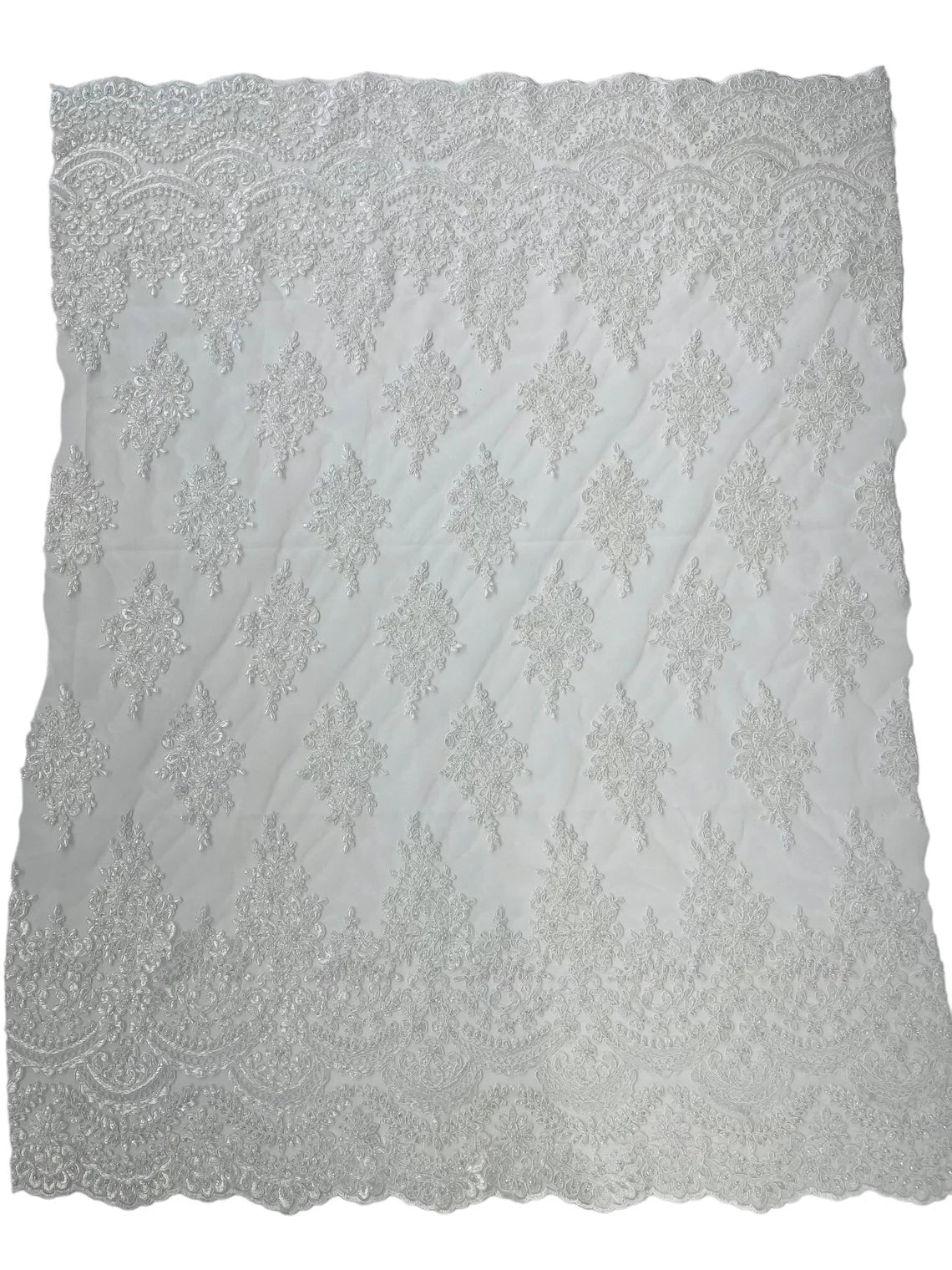 Beaded Flower Cluster Fabric - White - Embroidered Beaded Fancy Border Floral Fabric Sold By Yard