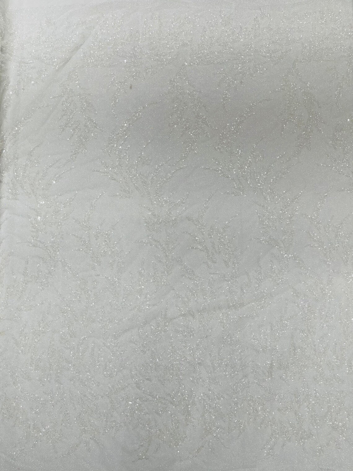 Leaf Plant Glitter Design Fabric - White - Beaded Embroidered Leaves Design on Mesh By Yard