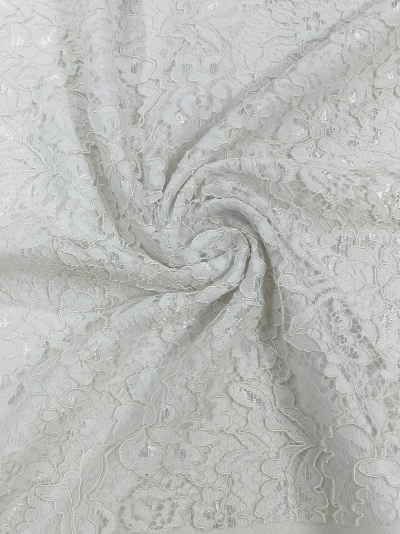 Corded Lace Fabric - White - Embroidered Flower Design Lace Fabric Sold By Yard