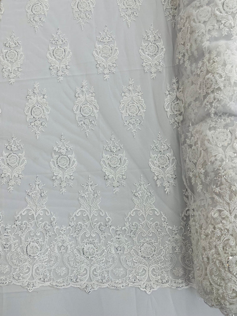 Floral Bead Embroidery Fabric - White - Damask Floral Bead Bridal Lace Fabric by the yard