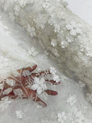 3D Flower Glitter Fabric - White - Floral Glitter Sequin Design on Lace Mesh Fabric by Yard