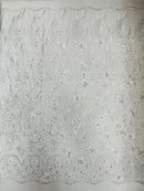 3D Floral Leaf Panels - White - Embroidered 3D Flower Lines with Pearls on Lace By Yard
