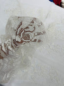 Rose Glitter Fabric - White - 3D Glitter Rose Tulle Fabric for Wedding, Quinceañera By Yard