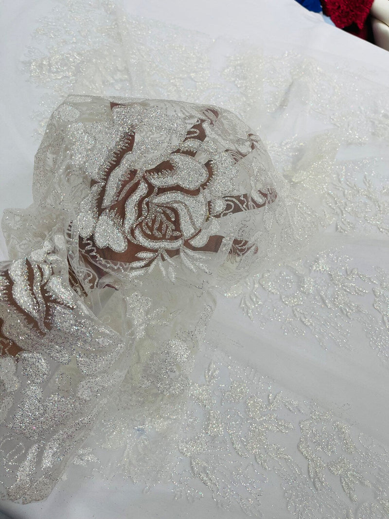 Rose Glitter Fabric - White - 3D Glitter Rose Tulle Fabric for Wedding Rose Glitter Fabric - White - 3D Glitter Rose Tulle Fabric for Wedding
