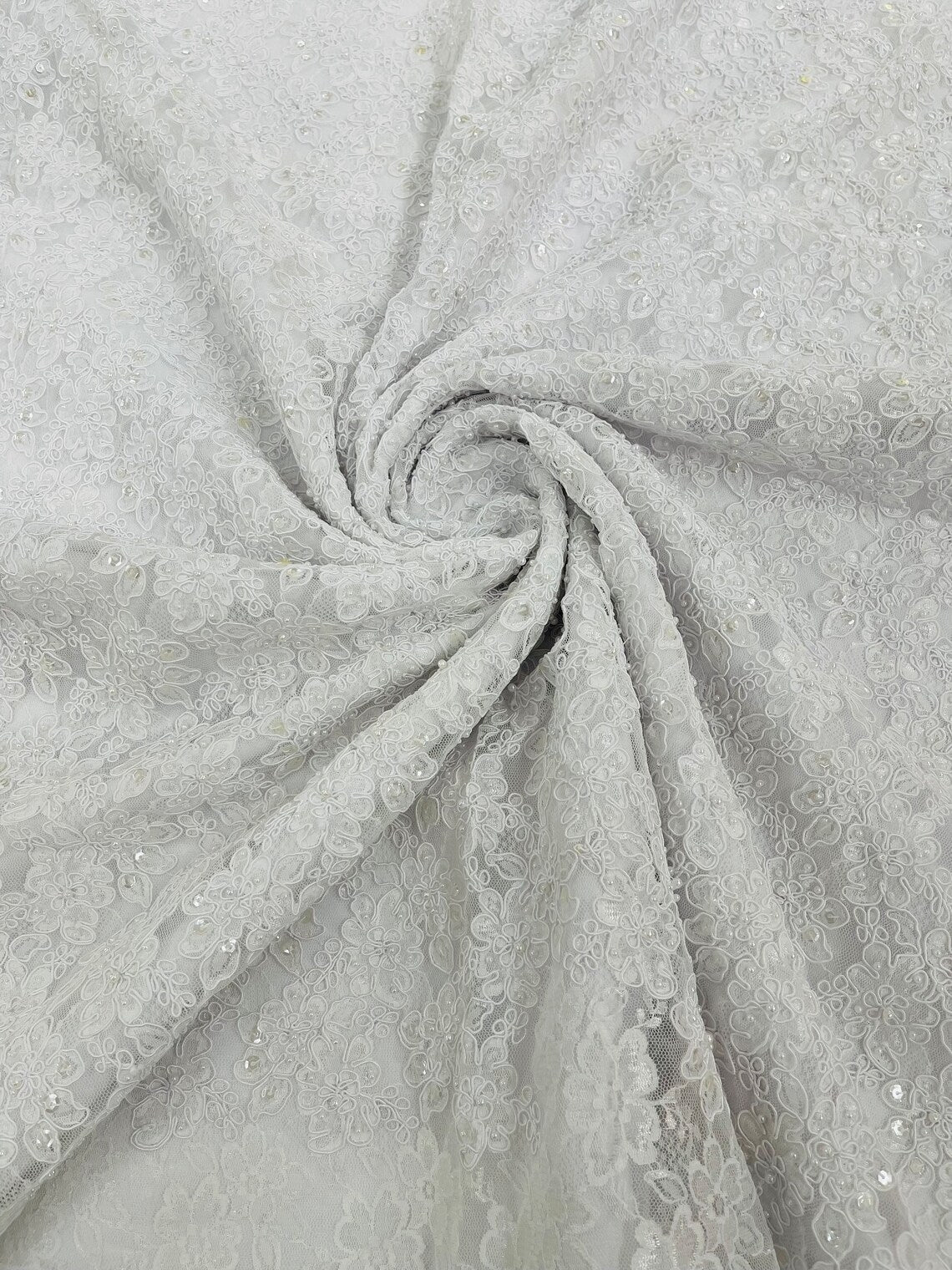 Floral Pearls and Sequins Fabric - White - Beaded Fabric Embroidered Lace By The Yard