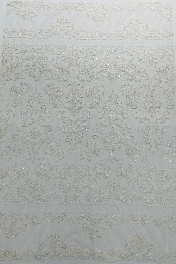 Beaded My Lady Damask Design - White - Beaded Fancy Damask Embroidered Fabric By Yard