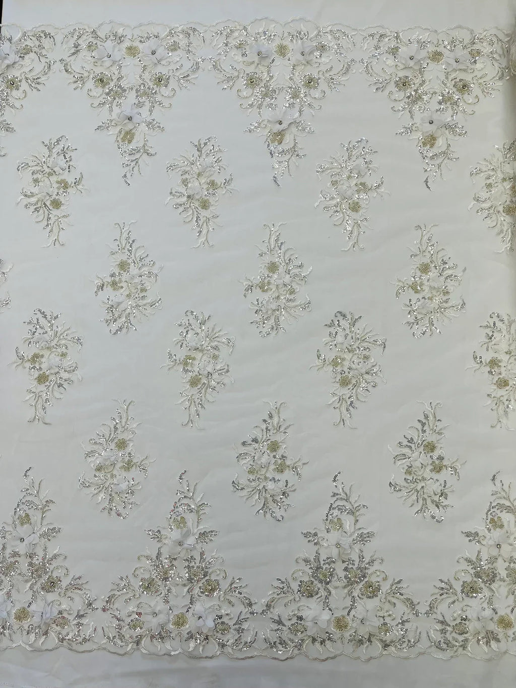 3D Floral Rhinestone Fabric - White - Beaded Flower Clusters with Rhinestones and Sequins By Yard