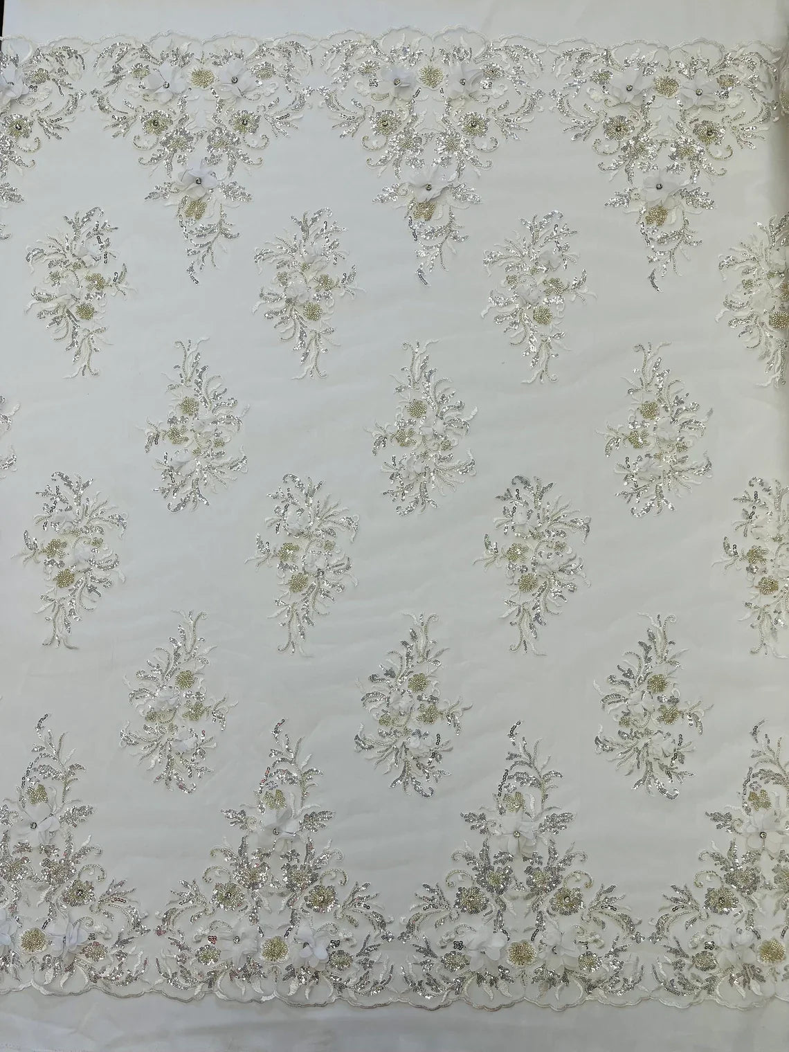 3D Floral Rhinestone Fabric - White - Beaded Flower Clusters with Rhinestones and Sequins By Yard