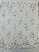 3D Floral Rhinestone Fabric - White - Beaded Flower Clusters with Rhinestones and Sequins By Yard