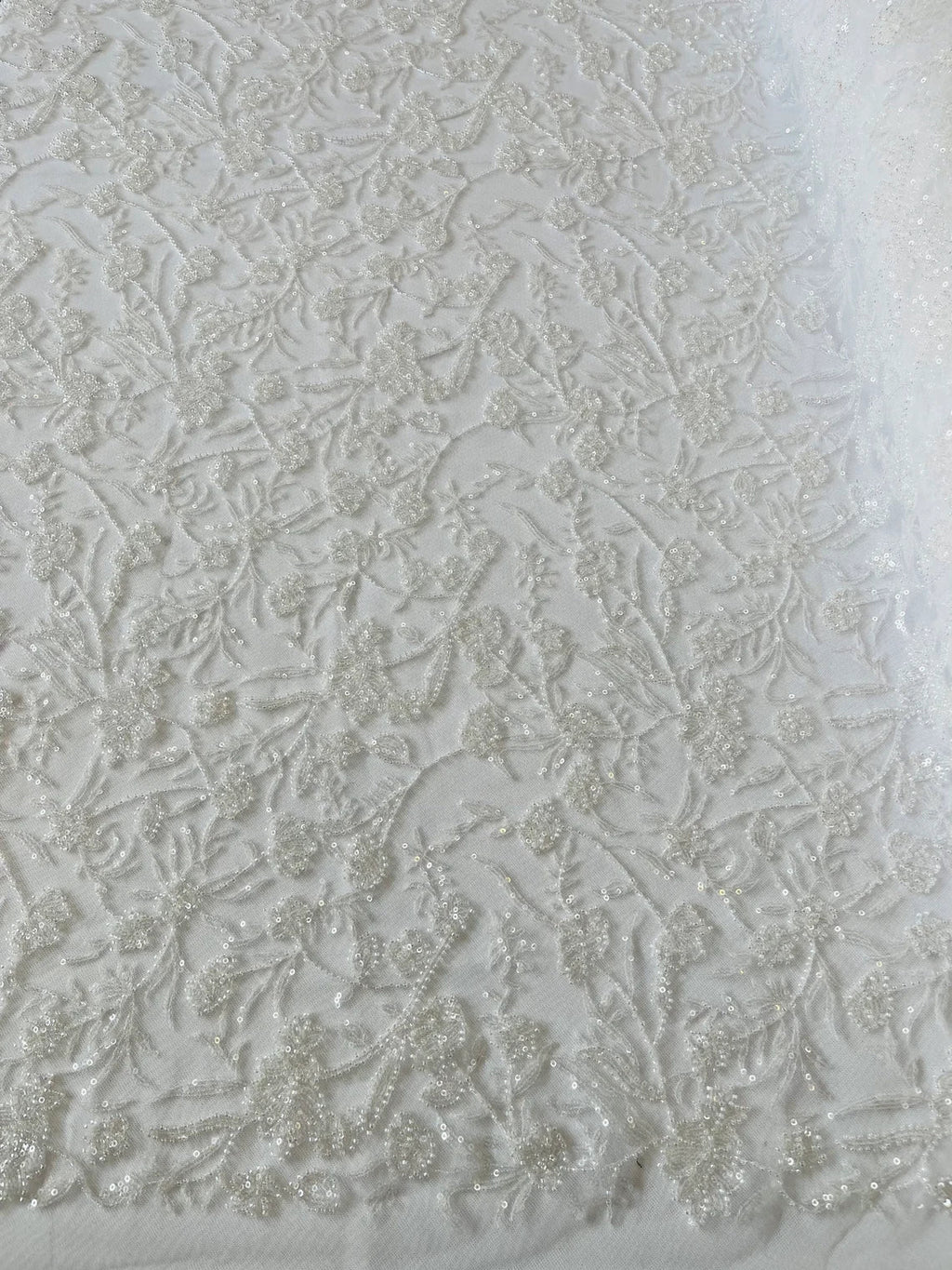 Floral Pattern Beaded Fabric - White - Embroidered Bead & Sequins Wedding Bridal Fabric Sold By The Yard