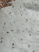Wavy Leaf / Floral Bead Fabric - White - Beaded Rhinestone Embroidered on a Mesh By Yard