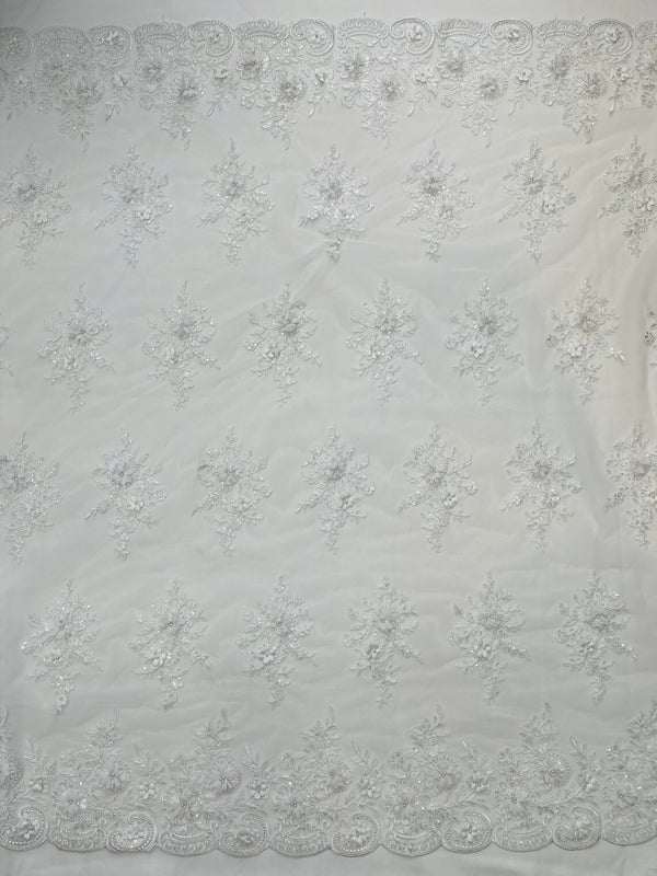 3D Floral Fabric with Floral Border - White - Embroidered Floral Fabric with Sequin and Beads By Yard