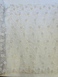 3D Flower Cluster Fabric - White - 3D Flower Leaf Design Fabric with Pearls Sold By Yard