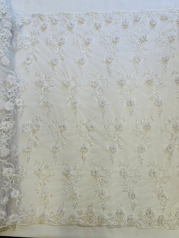 3D Flower Cluster Fabric - White - 3D Flower Leaf Design Fabric with Pearls Sold By Yard