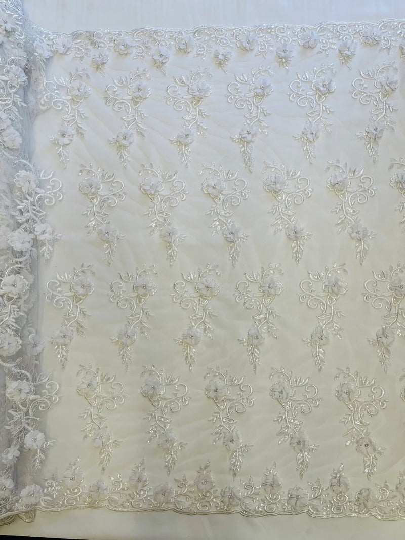 3D Flower Cluster Fabric - White - 3D Flower Leaf Design Fabric with Pearls Sold By Yard