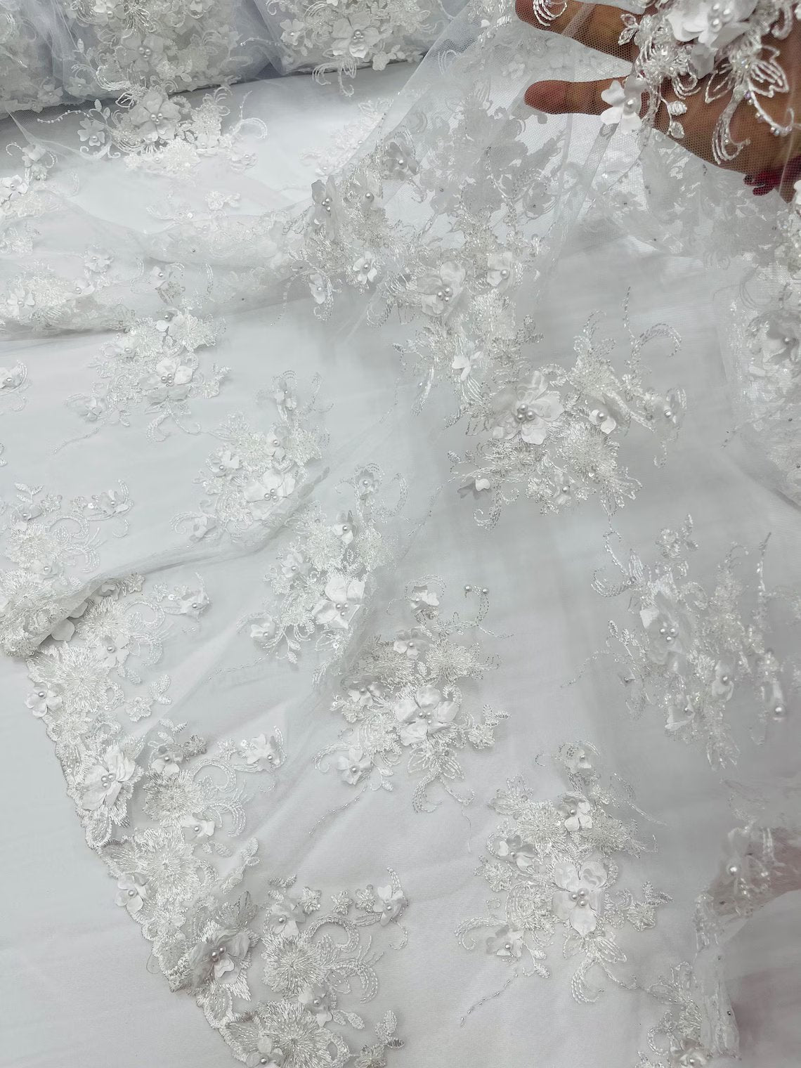 3D Flower Sequins Design - White - Embroidered Pearl Sequins Floral Clusters Lace Fabric By Yard