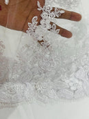 Corded Floral 3D Fabric - White - Embroidered Floral Design on Lace Mesh Fabric by Yard