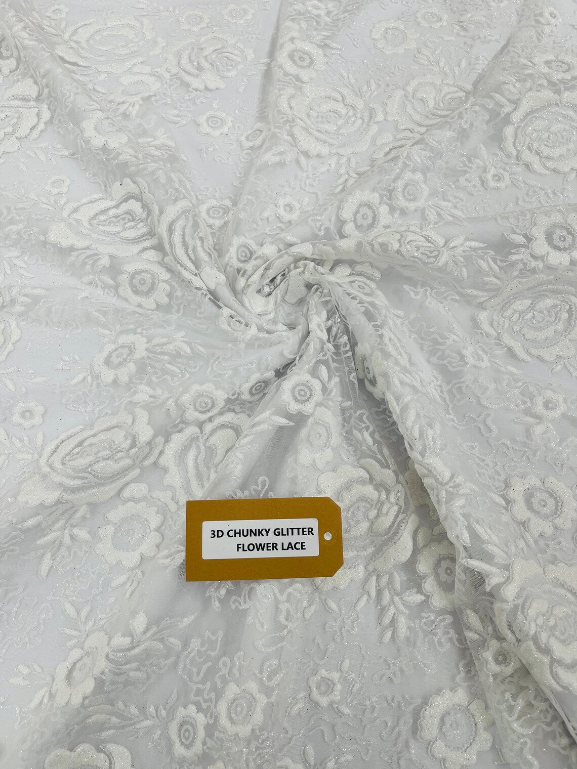 3D Rose Chunky Glitter Fabric - White - Rose Floral Design Glitter on Tulle Fabric Sold by Yard