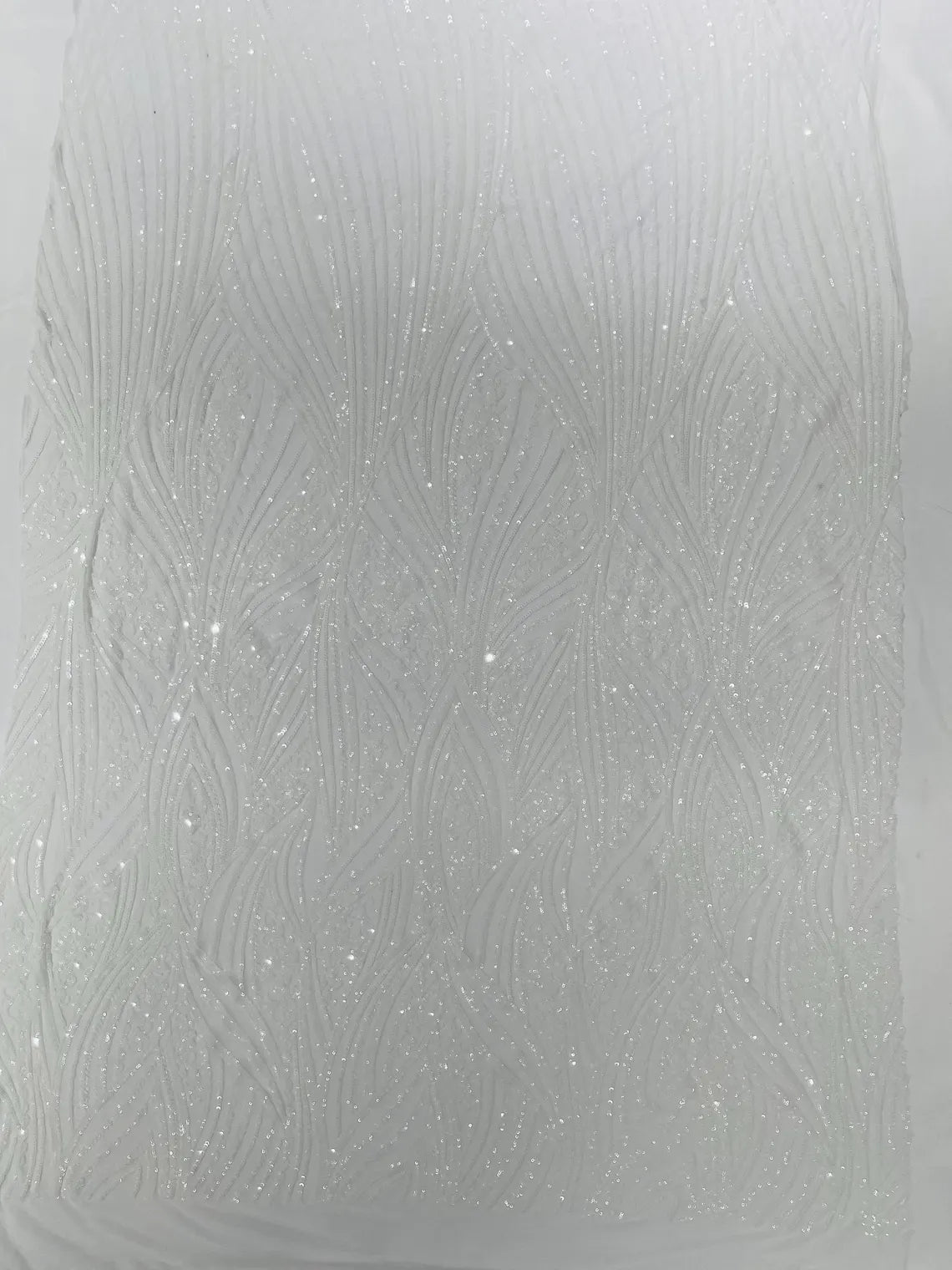 Curvy Line Design Fabric - White - 4 Way Stretch Sequins Design Mesh Lace Fabric by Yard