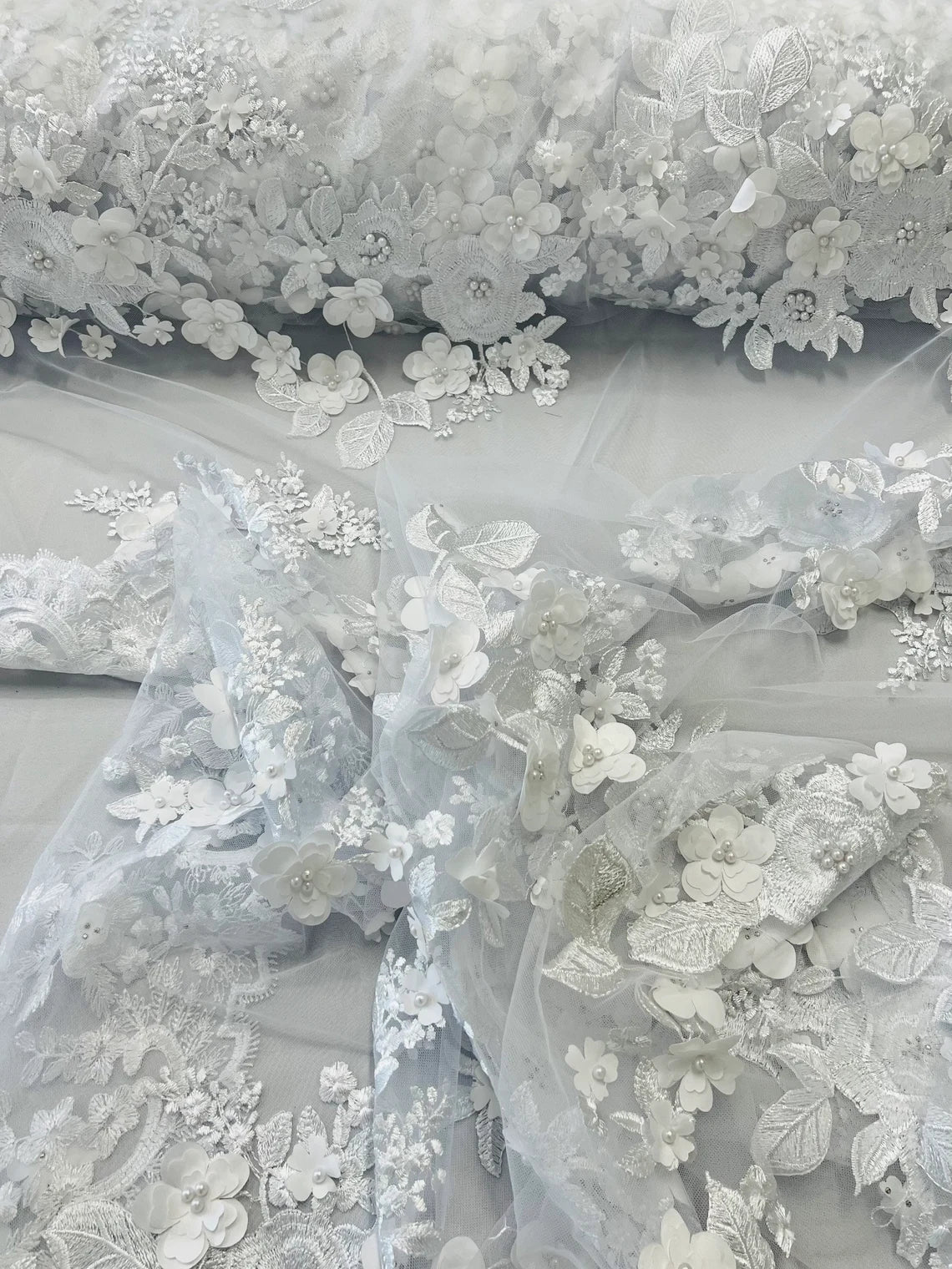 Floral 3D Rose Fabric - White - Embroided Rose Flower Design Fabric Sold by Yard