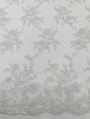 Embroidered Corded Lace Fabric - White - Cluster Fancy Flower Embroidered Lace Fabric By Yard