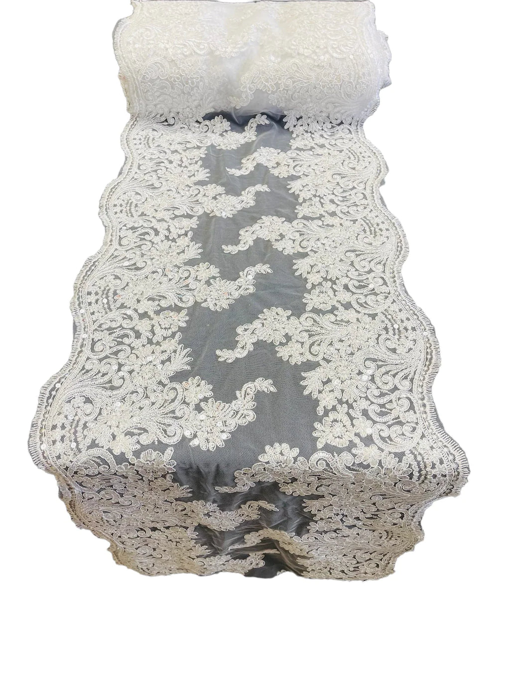14" Metallic Floral Design Lace Table Runner - White - Event Table Decor Runner Sold By Yard