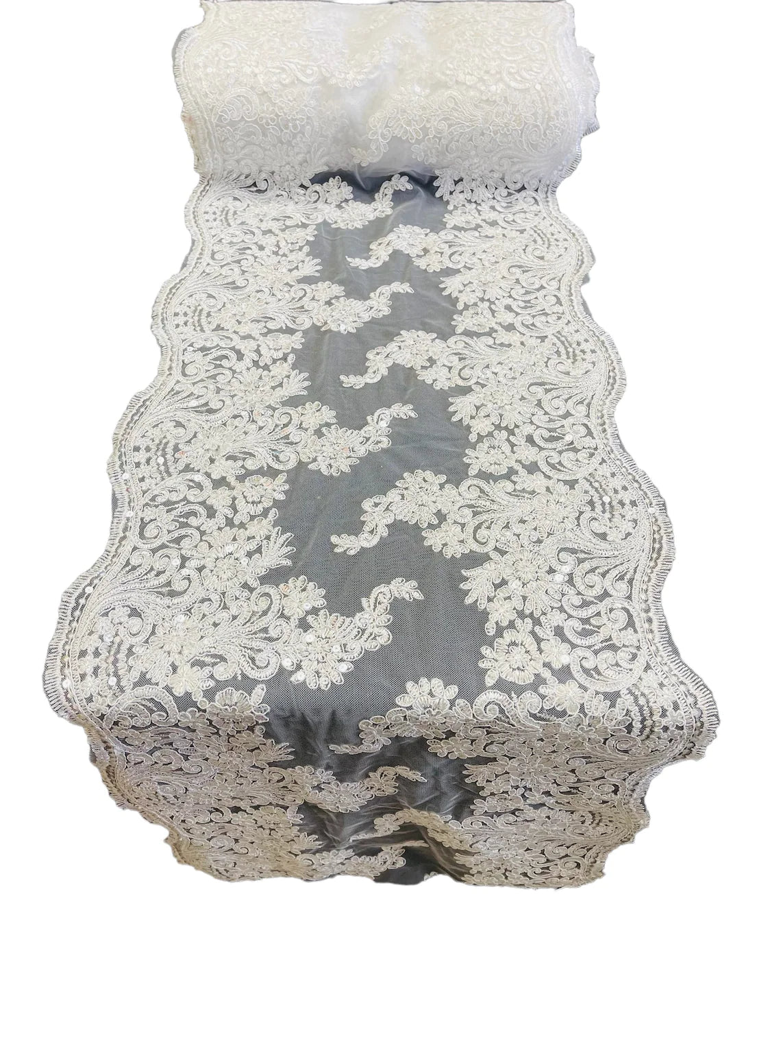 14" Metallic Floral Design Lace Table Runner - White - Event Table Decor Runner Sold By Yard