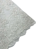 Floral Damask Lace Fabric - White - Embroidered Damask Flowers on Lace Fabric By Yard