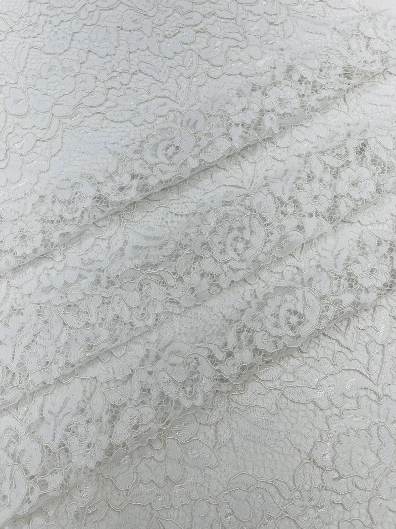 Corded Lace Fabric - White - Embroidered Flower Design Lace Fabric Sold By Yard