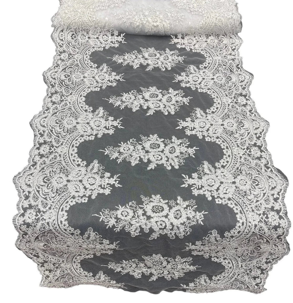 21" Floral Lace Metallic Design Table Runner - White - Floral Runner for Event Decor Sold By The Yard