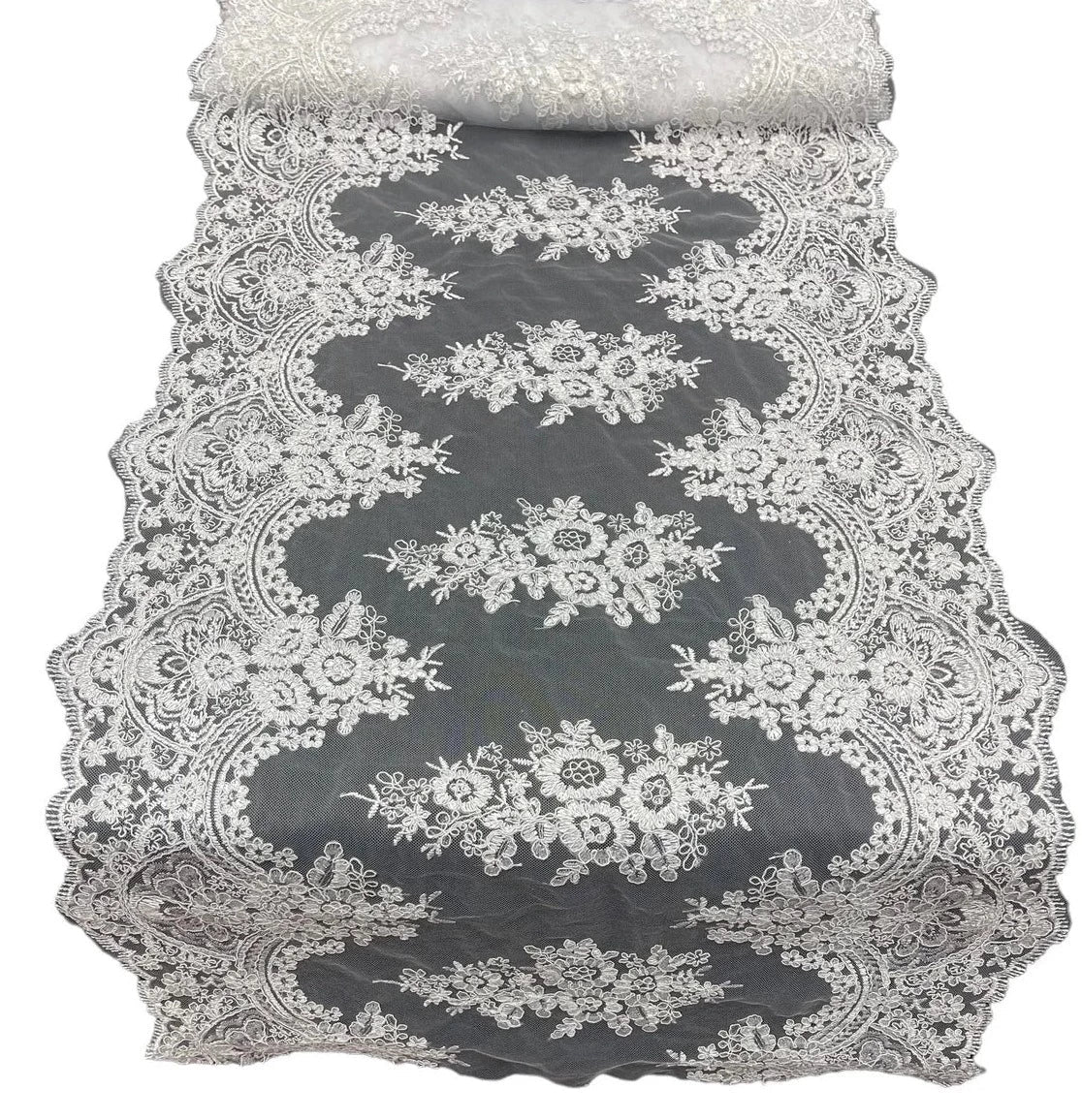 21" Floral Lace Metallic Design Table Runner - White - Floral Runner for Event Decor Sold By The Yard