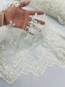 Beaded Floral Fabric - White - Embroidered Flower Cluster Beaded Fabric Sold By Yard
