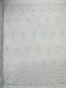 3D Floral Fabric with Floral Border - White - Embroidered Floral Fabric with Sequin and Beads By Yard