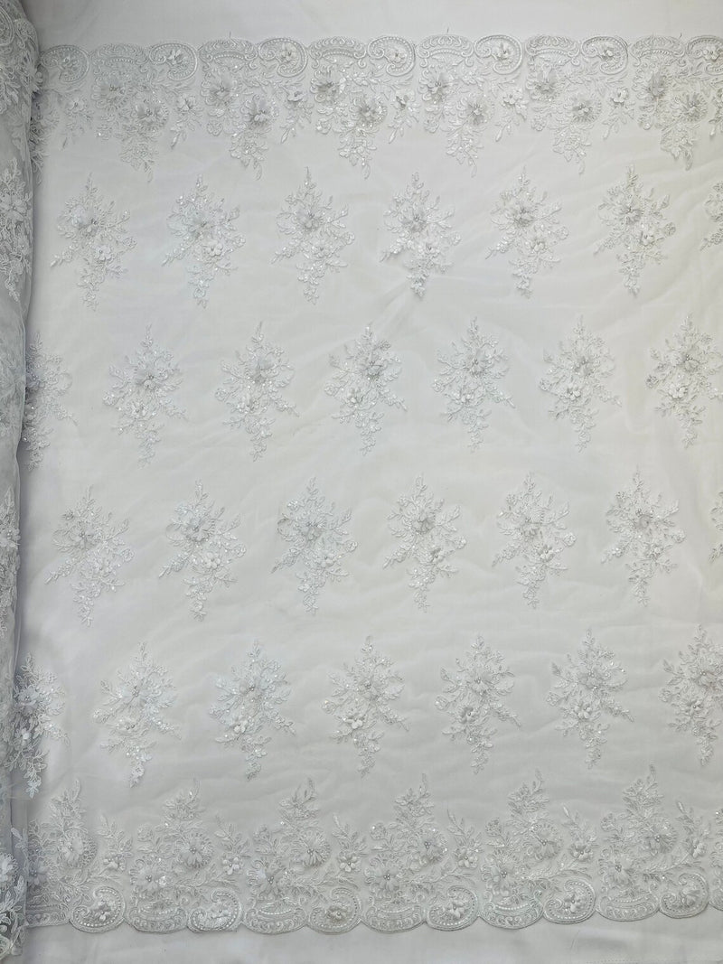 3D Floral Fabric with Floral Border - White - Embroidered Floral Fabric with Sequin and Beads By Yard