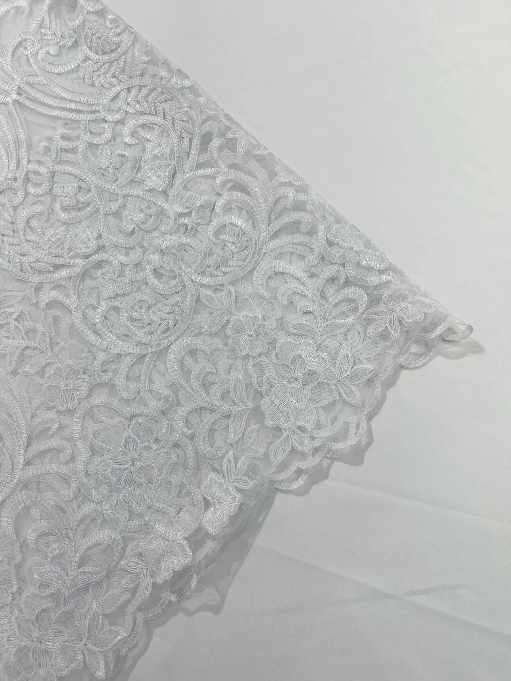 Fancy Damask Lace Fabric - White - Embroidered Damask Design Mesh on Lace Fabric by Yard