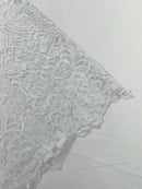 Fancy Damask Lace Fabric - White - Embroidered Damask Design Mesh on Lace Fabric by Yard