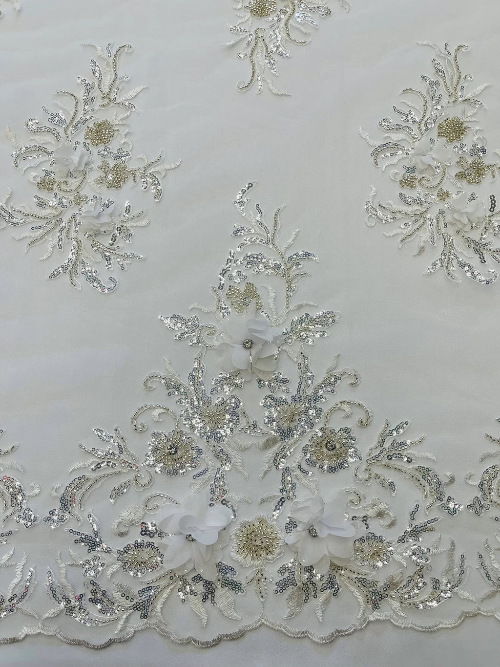 3D Floral Rhinestone Fabric - White - Beaded Flower Clusters with Rhinestones and Sequins By Yard