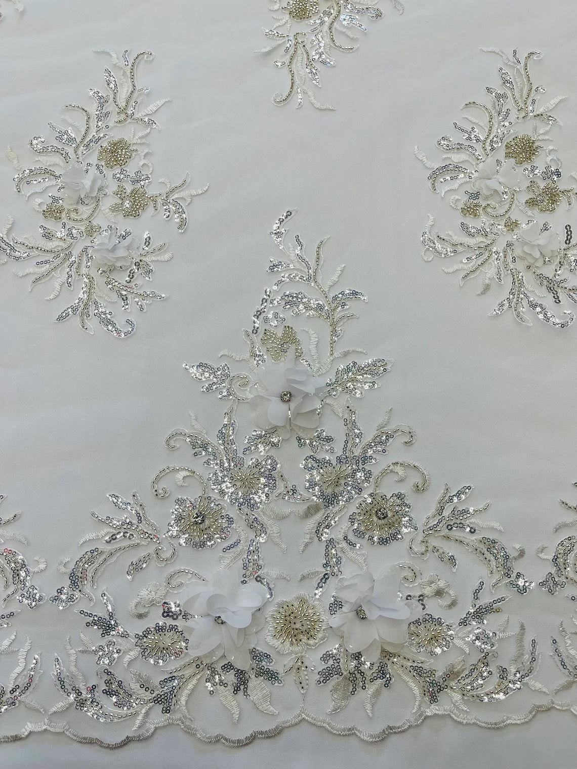 3D Floral Rhinestone Fabric - White - Beaded Flower Clusters with Rhinestones and Sequins By Yard