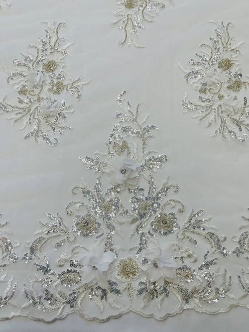 3D Floral Rhinestone Fabric - White - Beaded Flower Clusters with Rhinestones and Sequins By Yard