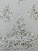 3D Floral Rhinestone Fabric - White - Beaded Flower Clusters with Rhinestones and Sequins By Yard