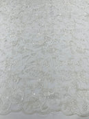 Small Flower Sequins Lace Fabric - White - Embroidered Floral Pattern Fabric with Sequins on Lace By Yard
