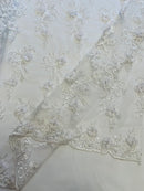3D Flower Cluster Fabric - White - 3D Flower Leaf Design Fabric with Pearls Sold By Yard