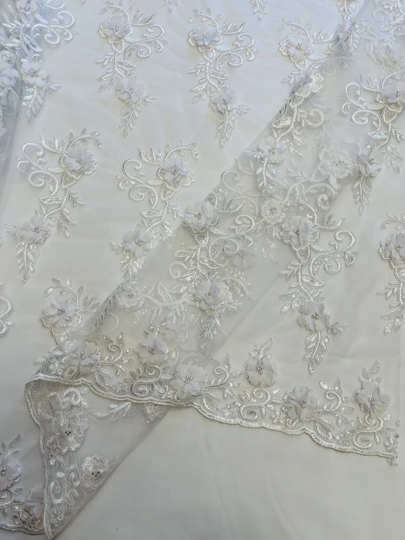 3D Flower Cluster Fabric - White - 3D Flower Leaf Design Fabric with Pearls Sold By Yard