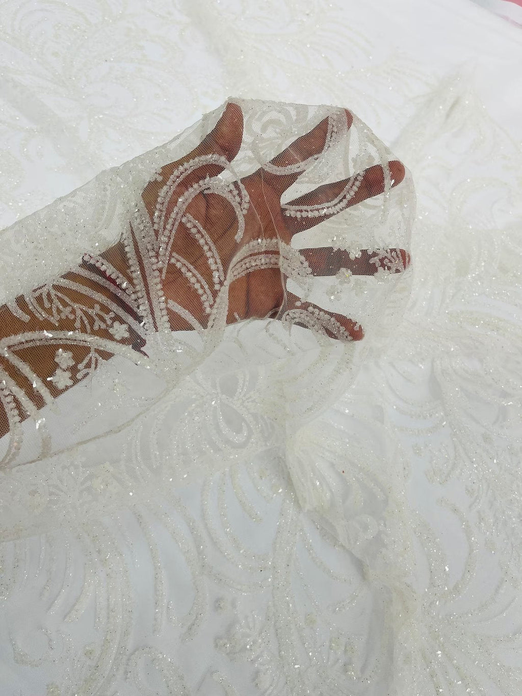 Glitter Palm Leaf Design Fabric - White - Tulle Mesh Glitter Leaf Design Fabric Sold By Yard