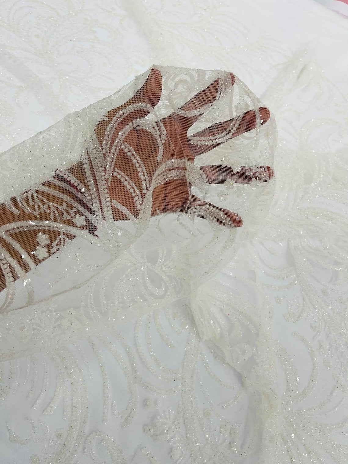 Glitter Palm Leaf Design Fabric - White - Tulle Mesh Glitter Leaf Design Fabric Sold By Yard