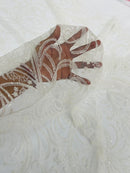 Glitter Palm Leaf Design Fabric - White - Tulle Mesh Glitter Leaf Design Fabric Sold By Yard