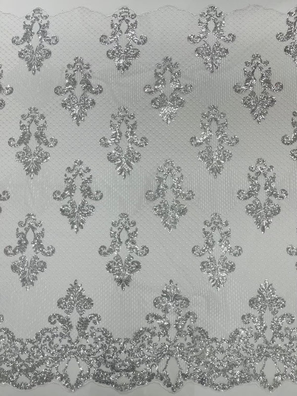 King Damask Design Fabric - White - Embroidered Corded Mesh Lace Fabric with Sequins By Yard