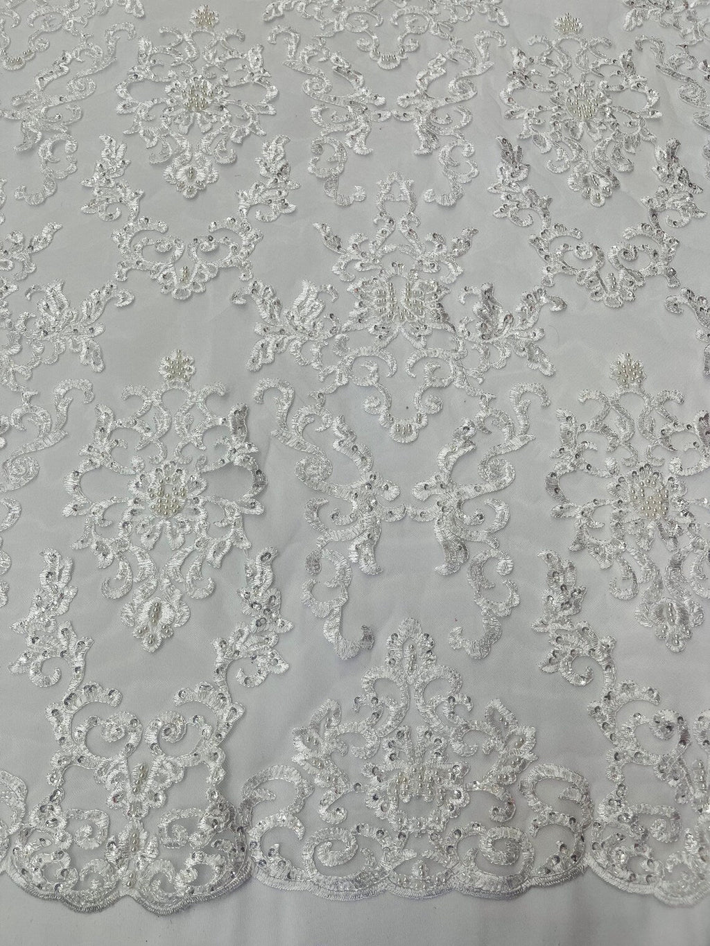 Floral Leaf Bead Sequins Fabric - White - Leaf Nature Beaded Sequins Lace Fabric by the yard