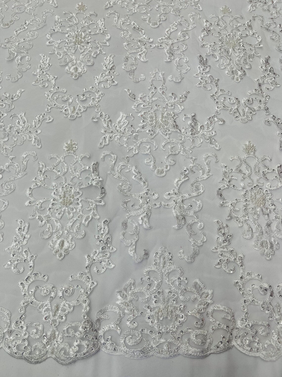 Floral Leaf Bead Sequins Fabric - White - Leaf Nature Beaded Sequins Lace Fabric by the yard